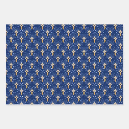 Blume Motif: Blau, Gold und Weiß Deco Fan Geschenkpapier Set (Vorderseite 2)