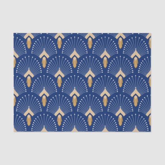 Blume Motif: Blau, Gold und Weiß Deco Fan Seidenpapier (Vorderseite)
