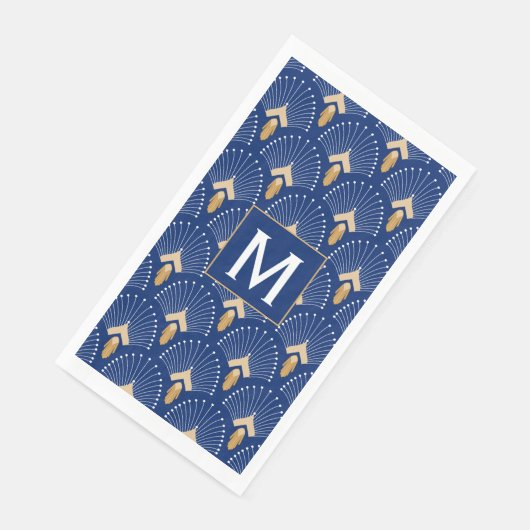 Blume Motif: Blau, Gold und Weiß Deco Fan Serviette (Ecke)