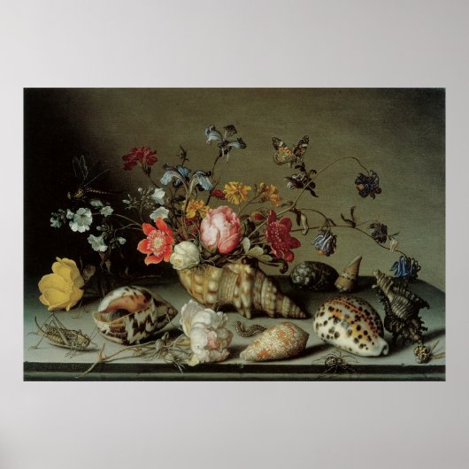 Blume, Muscheln und Insekten Balthasar van der Ast Poster (Vorne)