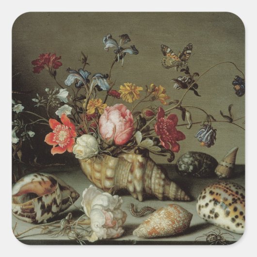 Blume, Muscheln und Insekten Balthasar van der Ast Quadratischer Aufkleber (Vorderseite)