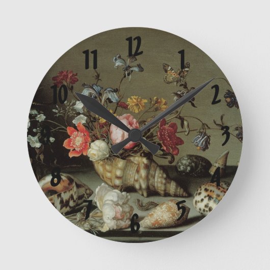 Blume, Muscheln und Insekten Balthasar van der Ast Runde Wanduhr (Vorderseite)