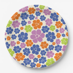 Blume Muster - Blau, orange, Lila, grün Pappteller