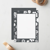 Blume Muster Blüten und Schmetterlinge Grau Mitteilungskarte (Vorderseite/Rückseite Beispiel)