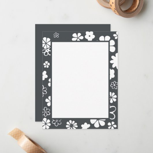 Blume Muster Blüten und Schmetterlinge Grau Mitteilungskarte (Vorderseite/Rückseite Beispiel)