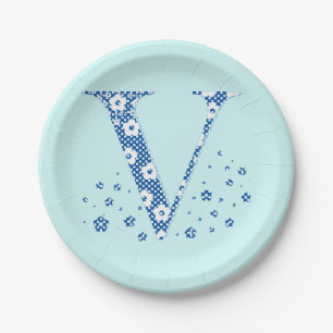 Blume Muster Buchstabe V (blau) Pappteller