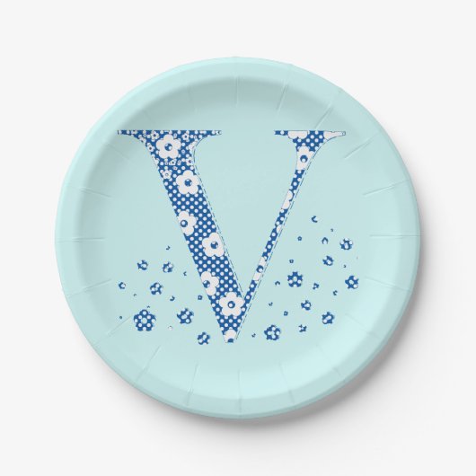 Blume Muster Buchstabe V (blau) Pappteller (Vorderseite)