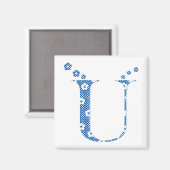 Blume Muster Buchstaben U (blau) Magnet (Vorderseite/Rückseite)