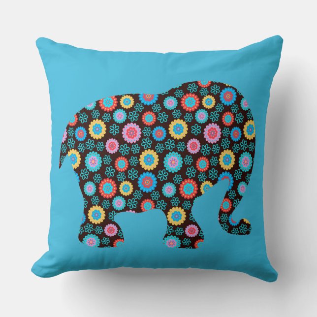 Blume Muster Elephant auf Blue Kissen (Vorderseite)