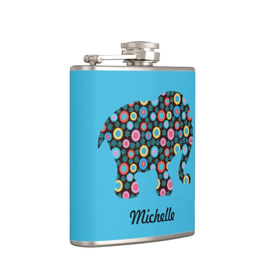 Blume Muster Elephant auf Blue Personalisiert Flachmann (Rechts)