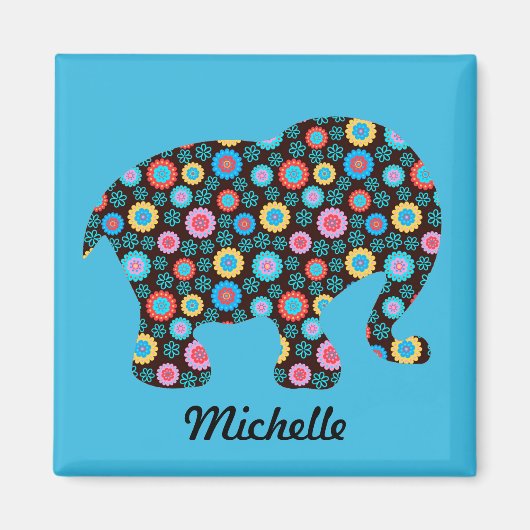 Blume Muster Elephant auf Blue Personalisiert Magnet (Vorne)