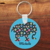 Blume Muster Elephant auf Blue Personalisiert Schlüsselanhänger (Vorderseite)