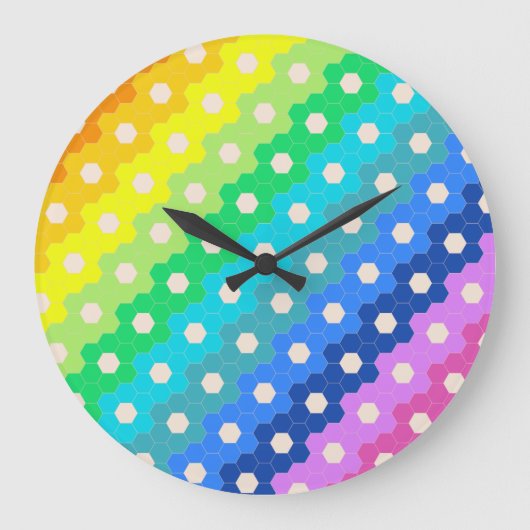 Blume-Muster für Hell-Regenbogen Geometric Hexagon Große Wanduhr (Vorderseite)