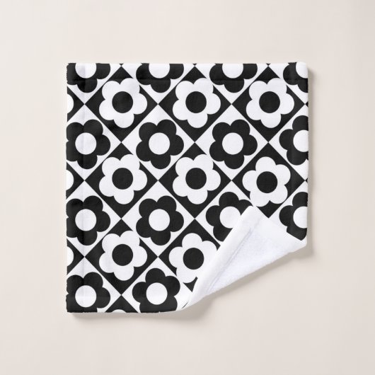 Blume-Muster für Schwarzweiß-Diamant-Karo Badhandtuch Set (Waschlappen)