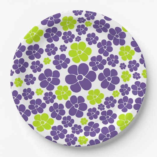 Blume Muster in Lime Green und Lila Pappteller (Vorderseite)