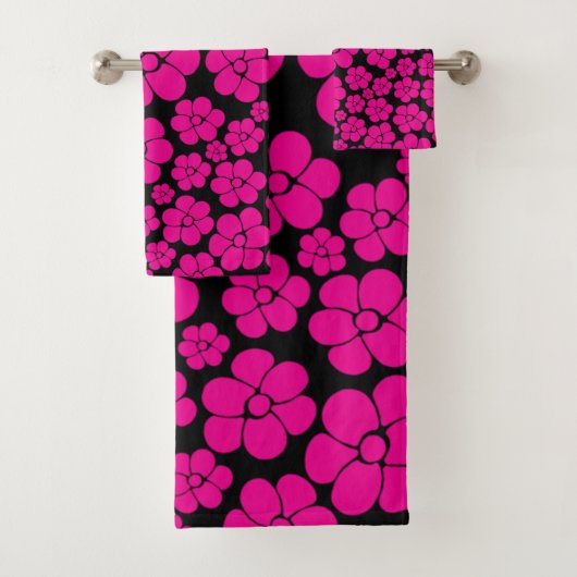 Blume Muster - Magenta und Schwarz Badhandtuch Set (Insitu)