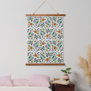Blume Muster orange Swirt Berry auf Weiß - Wandteppich Mit Holzrahmen