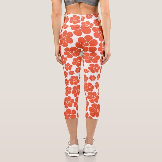 Blume Muster - Orange und Weiß Capri Leggings (Rückseite)