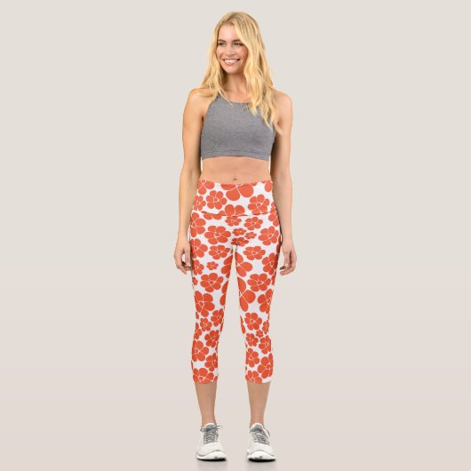 Blume Muster - Orange und Weiß Capri Leggings (Vorderseite)