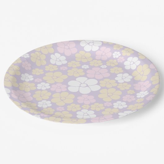 Blume Muster - Pastellrosa, Gelb und Lila Pappteller (Schrägansicht)