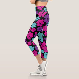 Blume Muster - Rosa, Lila, Blau und Schwarz Capri Leggings