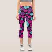 Blume Muster - Rosa, Lila, Blau und Schwarz Capri Leggings (Vorderseite)