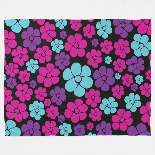 Blume Muster - Rosa, Lila, Blau und Schwarz Fleecedecke (Vorderseite (Horizontal))