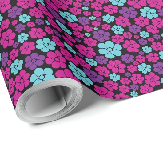 Blume Muster - Rosa, Lila, Blau und Schwarz Geschenkpapier (Rolleneckpunkt)