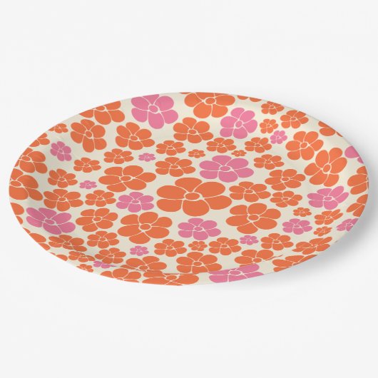Blume Muster - Rosa, orange und creme Pappteller (Schrägansicht)