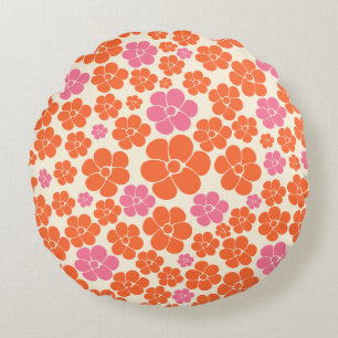 Blume Muster - Rosa, orange und creme Rundes Kissen