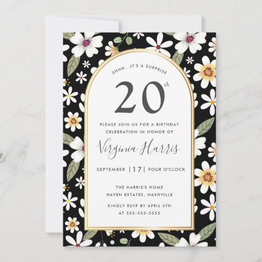 Blume Muster Schwarz 20. Geburtstag Einladung (Vorderseite)