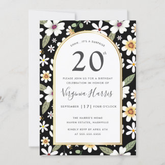 Blume Muster Schwarz 20. Geburtstag Einladung