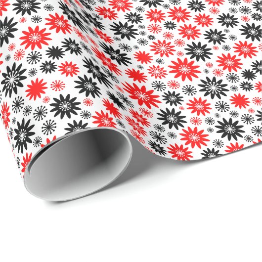 Blume Muster - Schwarz mit Rot und Weiß Geschenkpapier (Rolleneckpunkt)