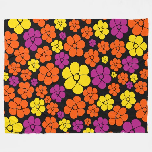 Blume Muster - Schwarz, Rosa, Orange und Gelb Fleecedecke (Vorderseite (Horizontal))