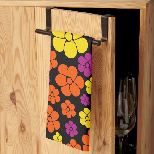 Blume Muster - Schwarz, Rosa, Orange und Gelb Geschirrtuch (Drittel gefaltet)