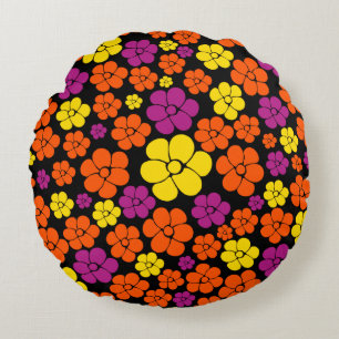 Blume Muster - Schwarz, Rosa, Orange und Gelb Rundes Kissen