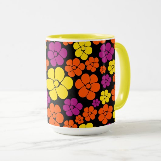 Blume Muster - Schwarz, Rosa, Orange und Gelb Tasse (VorderseiteRechts)