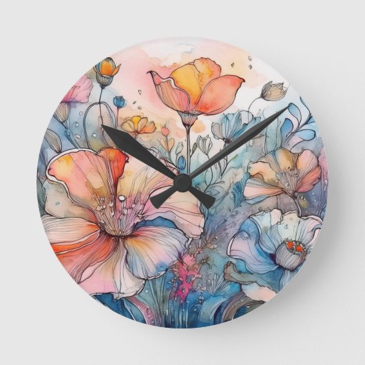 Blume Muster Wasserfarbe Runde Wanduhr (Vorderseite)