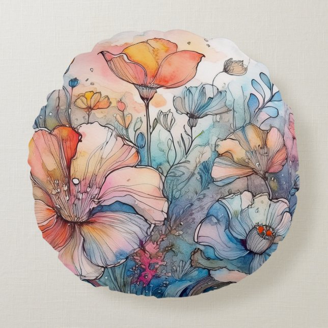 Blume Muster Wasserfarbe Rundes Kissen (Vorderseite)