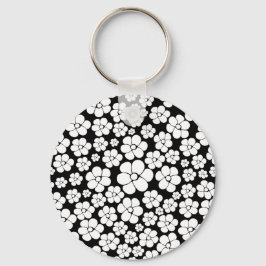 Blume Muster - Weiß auf Schwarz Schlüsselanhänger