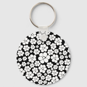 Blume Muster - Weiß auf Schwarz Schlüsselanhänger