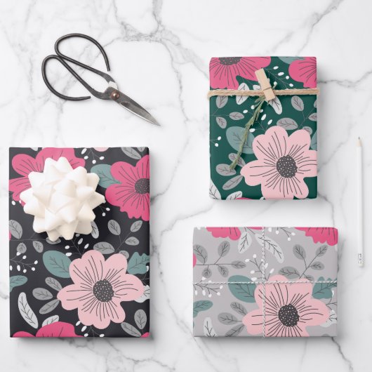 Blume Muster Wrapping Paper Flat Sheet Set 3 Geschenkpapier Set (Vorderseite)