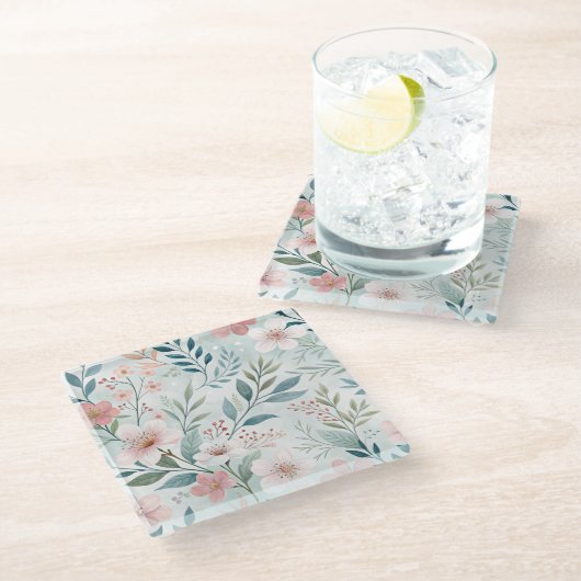 Blume Muster Zeichnend Pastell Glasuntersetzer (Schrägansicht)