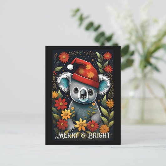 Blume Niedlich Santa Koala Bär Schwarze Weihnachts Postkarte (Stehend Vorderseite)