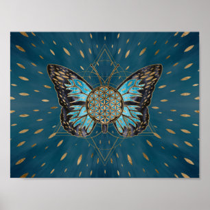 Blume of Life Butterfly - Blauer Edelstein und Gol Poster
