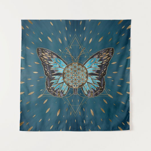 Blume of Life Butterfly - Blauer Edelstein und Gol Wandteppich (Vorderseite)