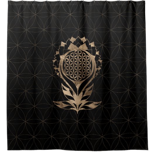 Blume of Life Lotus - Schwarz und Gold Duschvorhang (Vorderseite)