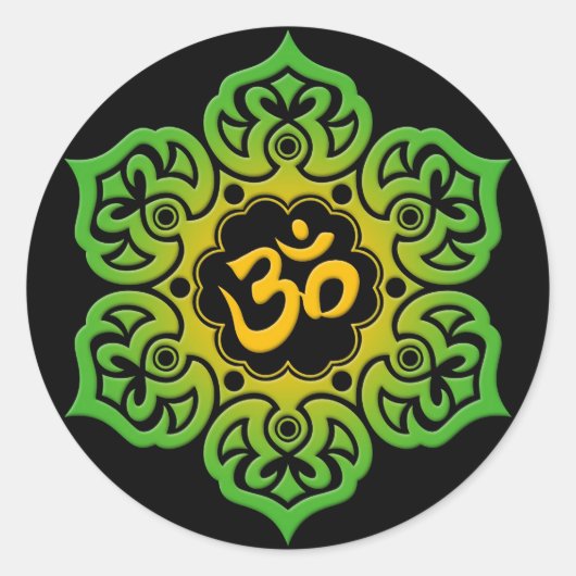 Blume Om auf schwarz, gelb und grün Runder Aufkleber (Vorderseite)