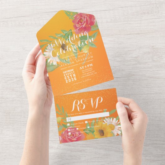 Blume Orange Gold Glitzer Wedding RSVP All In One Einladung (Abreißen)