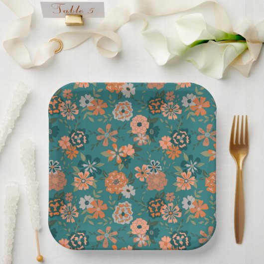Blume Orange Green Botanic Pattern Event Pappteller (Hochzeit)